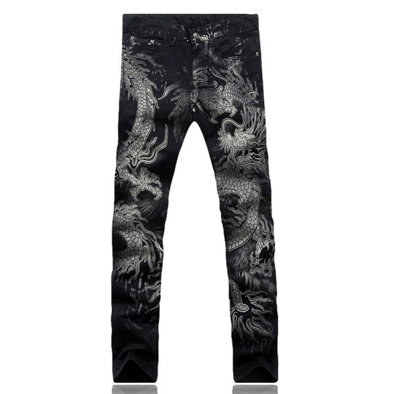 

Men's Jeans Men Pants Slim Fit Fashion Dragon Print Male Colored Drawing Painted Denim Elastic Black Cargo