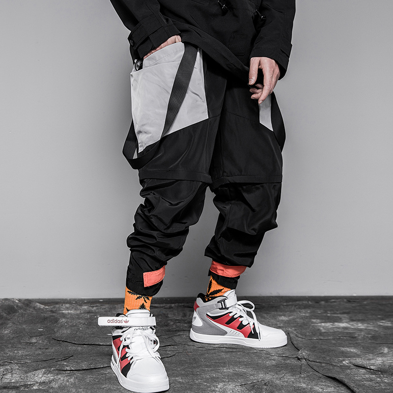 

Multi-pocket Hip Hip Streetwear Men's Ribbon Joggers Pants 2019 Men Cotton Ribbon Cargo Pant Trousers Elastic Waist, Black