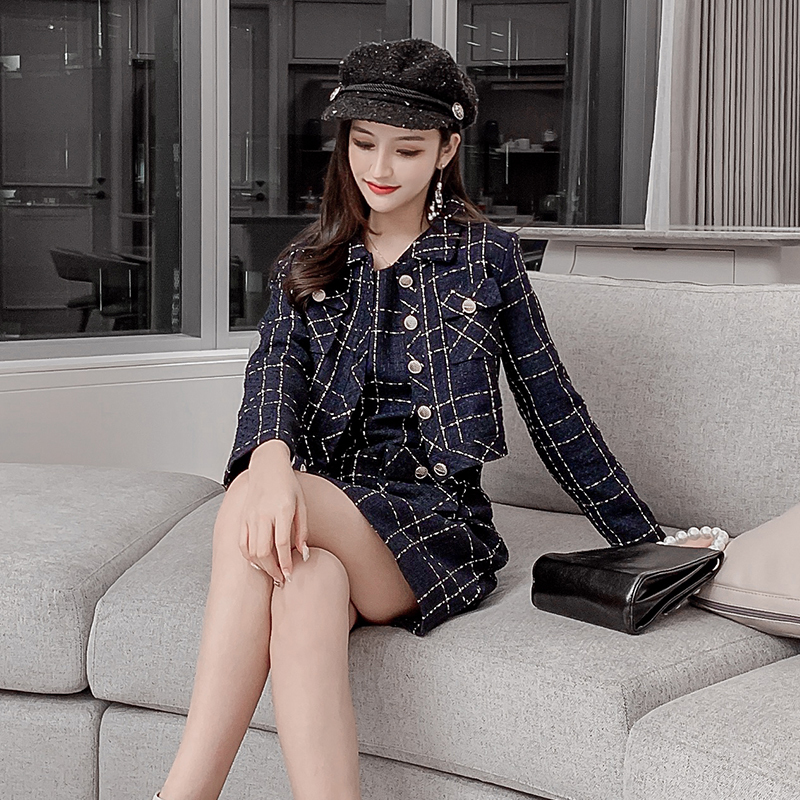 

2021 New Autumn Winter Tweed 2 Piece Set Skirt Women Single Breasted Plaid Jacket Coat+ Pocket Vest Wool Blend Suits Xe5h, Blue
