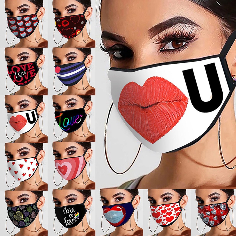 

2021 Valentines Day Gift Valentines Day Face Mask Adult Couple LOVE Printed Cotton Mouth Mask Dustproof Fog Facemask HHA3536