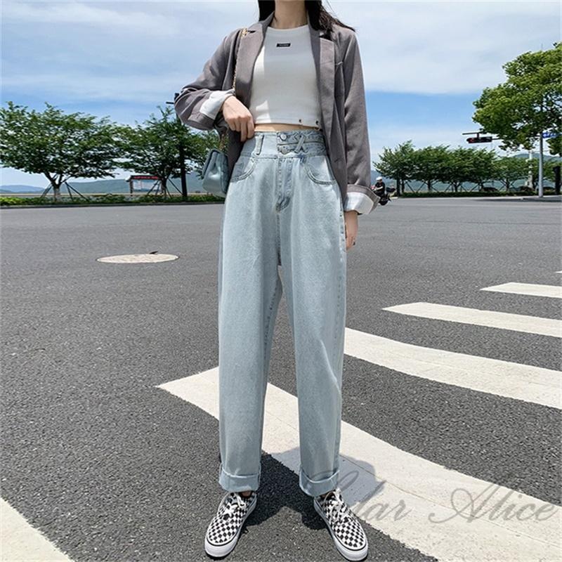 

Free Shipping 2020 Women's Fall New High Waist Double Button Straight Jeans Loose Harem Casual Pants, Gray black