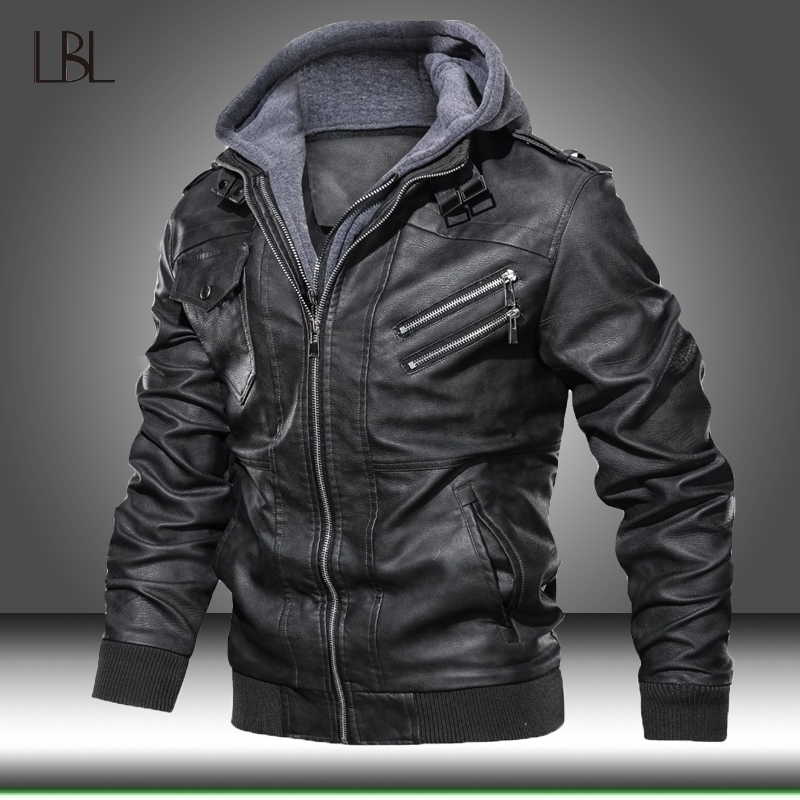Men Faux Leather Jacket Motorcycle Jacket Men's Windbreaker Hooded PU Jackets Male Outwear Warm Biker Plus Velvet Retro Coats 201114