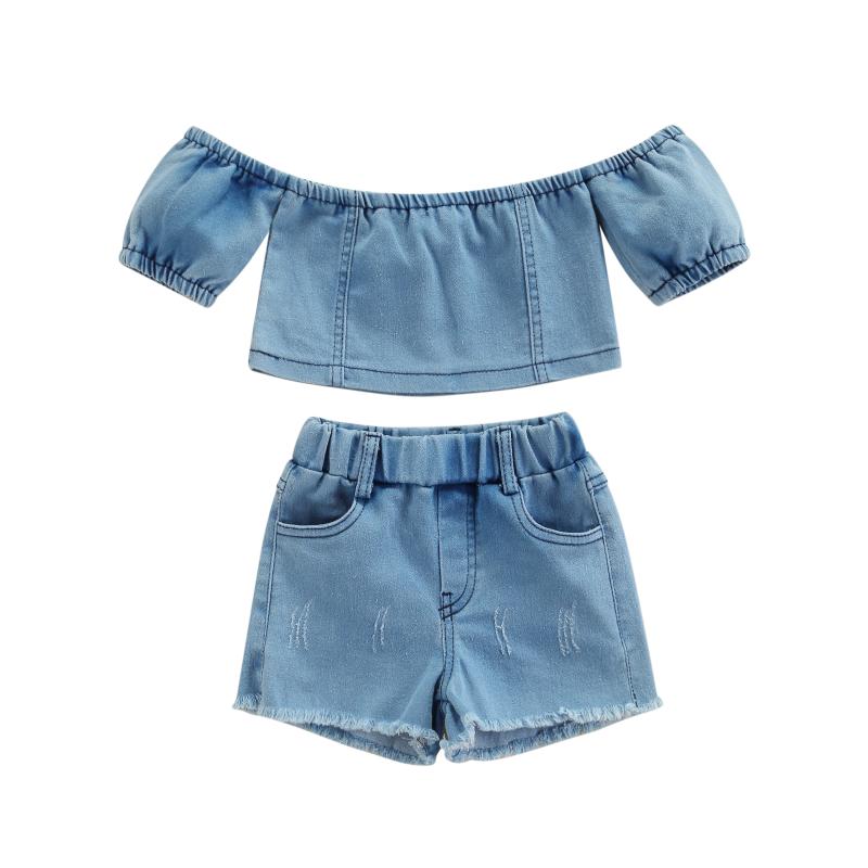 

Clothing Sets Fashion Toddler Baby Girls Clothes Set Solid Denim Off Shoulder Tops+Denim Shorts 2pcs Kids Children Outfits Summer, White