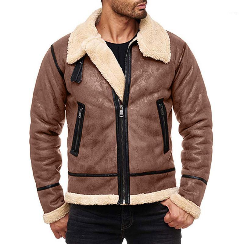 

NEW Fashion Men Winter Tops Long Sleeve Fur Belt Faux Leather Jacket Highneck Shearling Coat Wool Lining Bomber Men's Jackets1, Brown