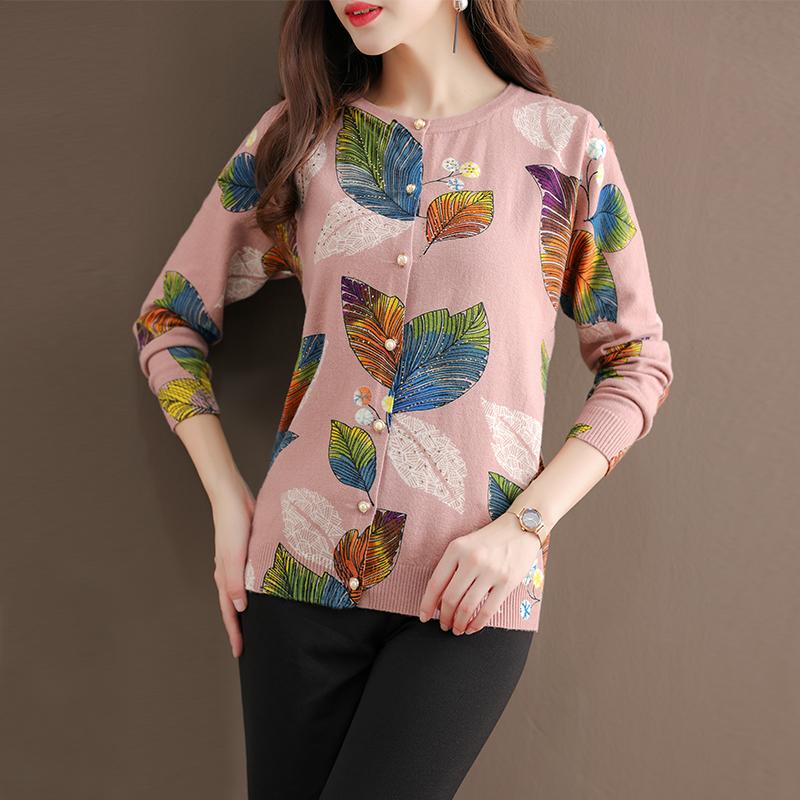 

Make sweater into ethnic wind knitting cardigan jacket female mother thin easy printing sweater coat, Pink