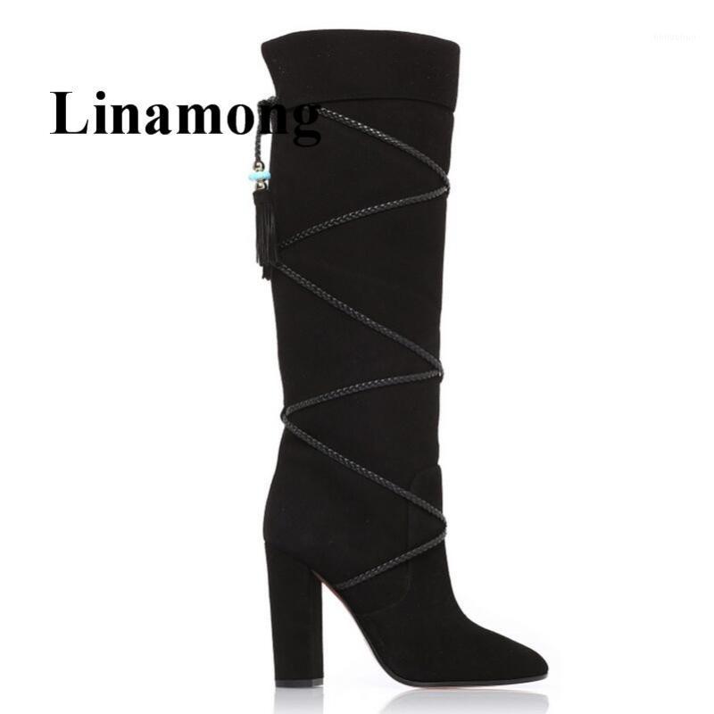 

Newest Winter Knee-High Cross-tied Fringe Two Color Handmade Fashion Round Toe Square Heel Women Boots High Quality Normal Size1, As picture