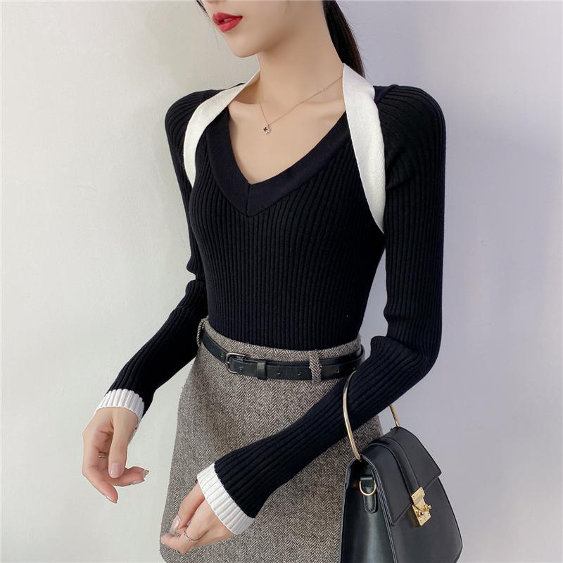 

2021 Winter Thick Sweater Women Knitted Ribbed Pullover Sweater V-neck Lace Up Spliced Sleeve Slim Jumper Soft Warm Pull Femme, White