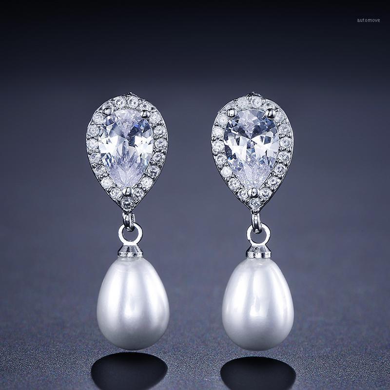 

UILZ Luxury Water Drop shape Bridal Pearl Earrings For Women Cubic Zirconia Long Drop Earrings Fashion Jewelry UE5161