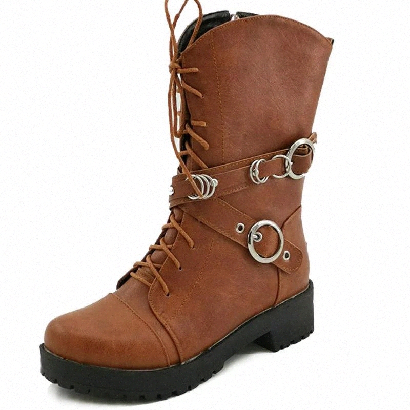 

New Women Boots Fashion Autumn PU Mid-Calf Boots with Back Lace-up Design Solid Color Low Heels Shoes Botas Mujer 2020 #ps4G, Black