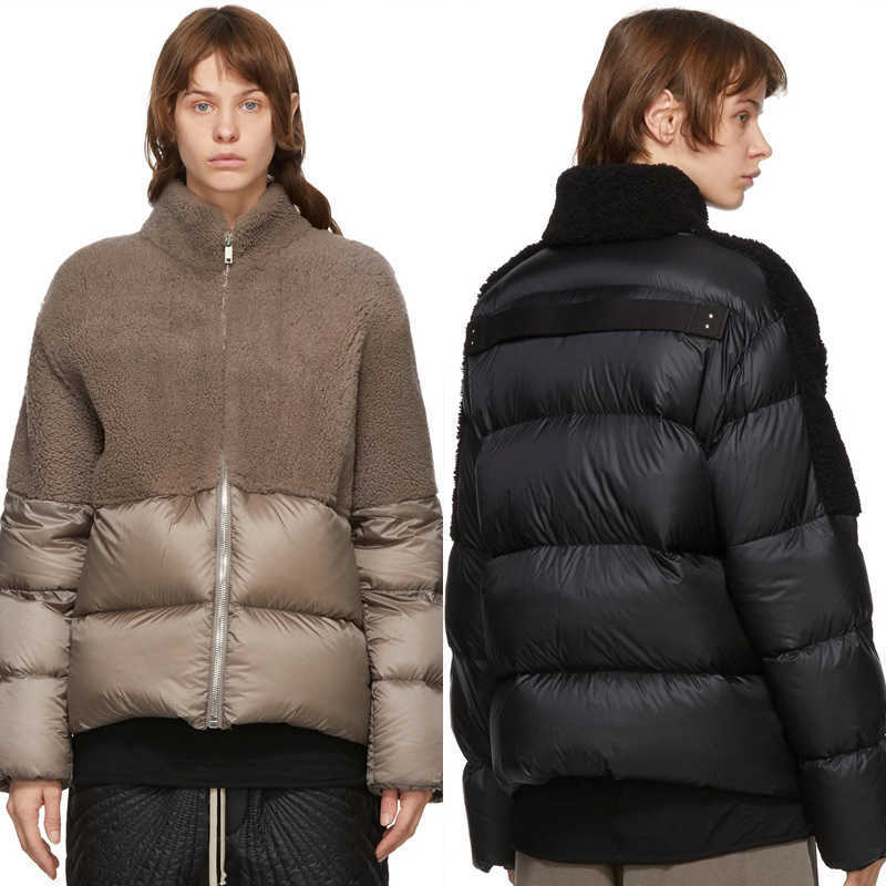 

Women's Down 22 winter women's Plush stitching zipper 90 white duck down lamb wool high collar bread jacket thick style, Light brown (spot)