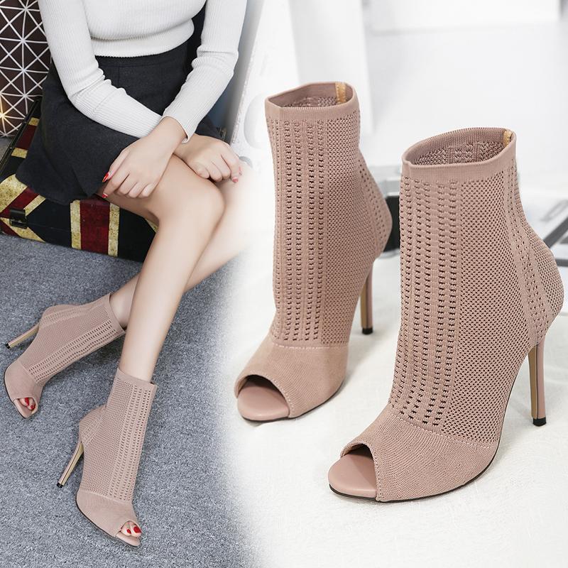 

High Heel Boots Sock Ankle Boots Peep Toe Sexy Short Thin Heel Green Black Zip Close Lady Fashion1