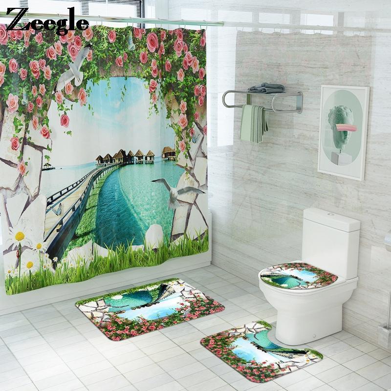 

Bathroom Bath Mat and Shower Curtain Set Home Decor Bathroom Carpet Rugs Shower Room Decor Absorbent Toilet Floor Carpet1