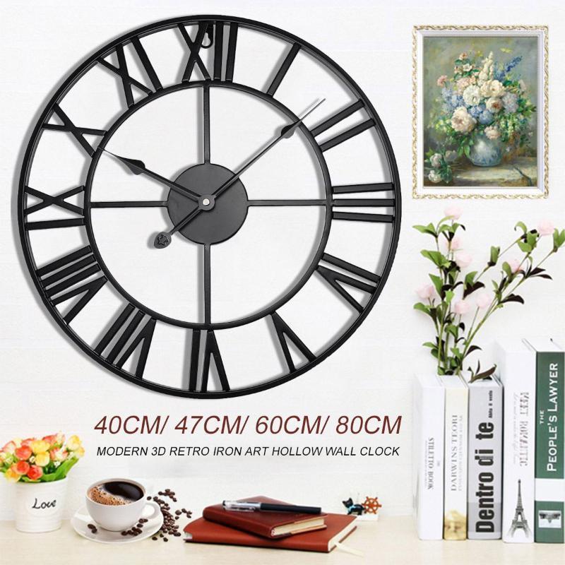 

Wall Clocks 40/47/60/80cm Modern 3D Large Retro Black Iron Round Art Hollow Metal Clock Nordic Roman Numerals Home Decoration1