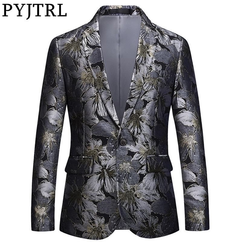 

PYJTRL High Quality Men Jacquard Floral Suit Jacket Handsome Tide Brand Slim Fit Balzers Casual Coat Male Stage Signers Clothing 201104, Ivorie