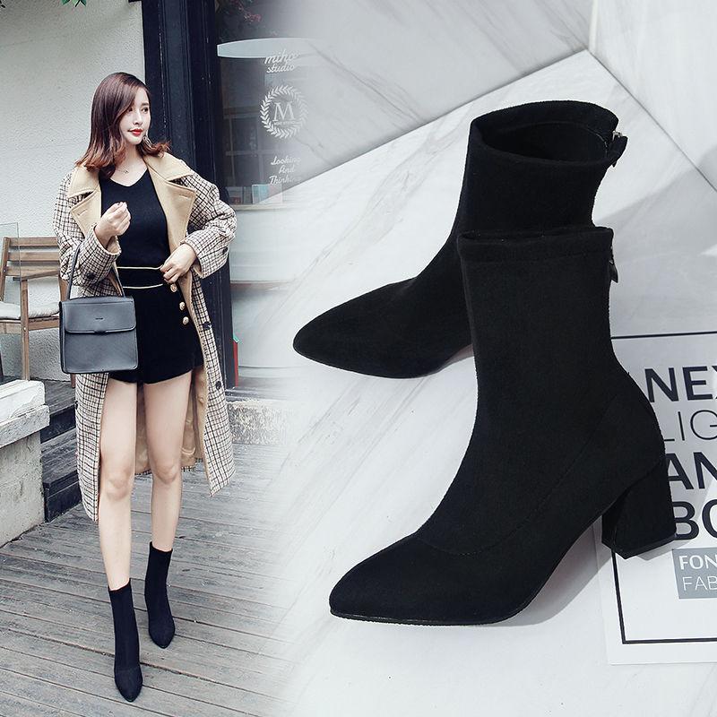 

Fashion Women Ankle Boots Thick Heels Shoes Female Newest Pointed Toe Ladies Shoe Brand 2020 Boot Woman Zipper Super High, 7 cm