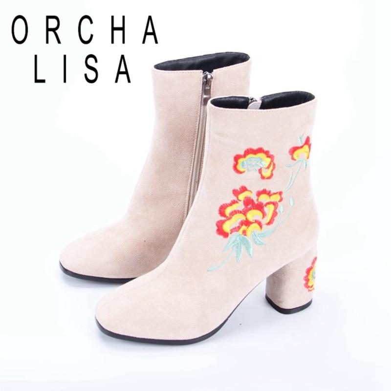 

ORCHALISA Women Ankle Boots Stylish Square Toe Thick High Heel 8cm Plush Embroidered Flower Zip Big Size 33-43 Winter B2137, Black flock