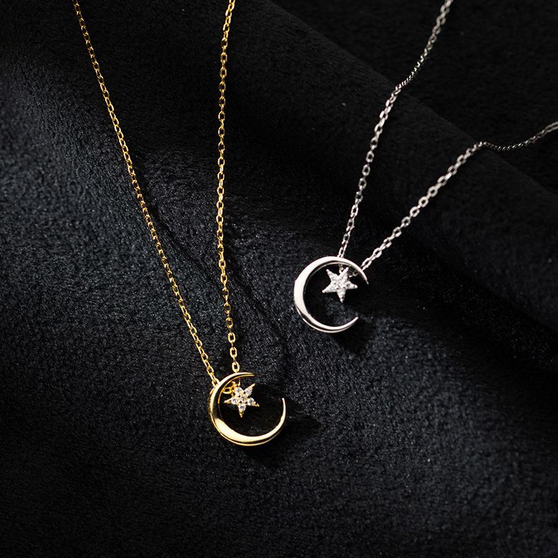 s925 Silver Forest Series Star And Moon Sweet Necklace Female Small Fresh Korean Style Simple Temperament Clavicle Chain Q0531-image-723397944