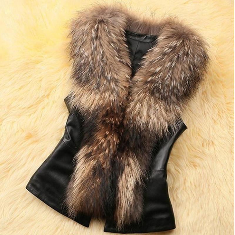 

Vest Women Winter Casual Plus Size Leather Faux Fur Vest Coat Faux Fur Collar Sleeveless Winter Jacket Coat Women, Black