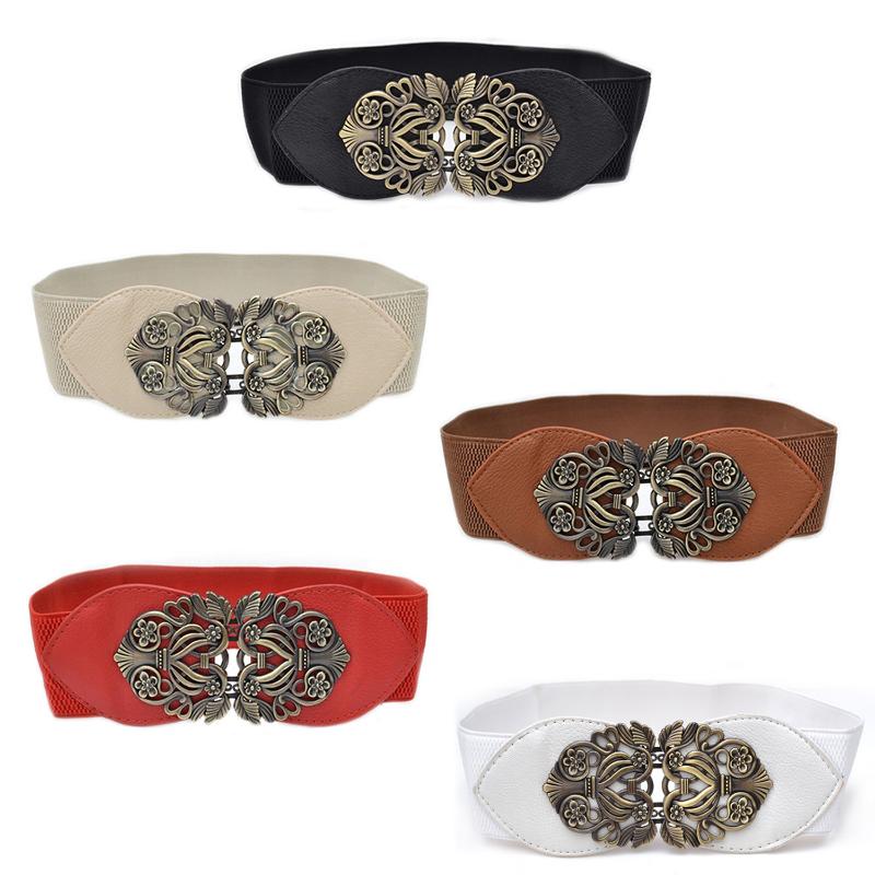 

Women's Retro Flower Elastic Stretch Buckle Wide Waist Belt Waistband (Black), Beige