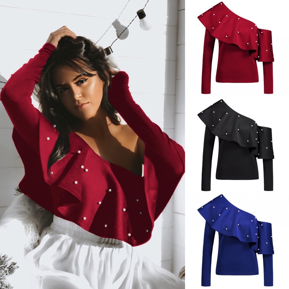 

2021 New Ladies Blusas Spring Summer Sexy Skew Collar One Shoulder Women Tops Elegant Fashion Beading Long Sleeve Blouse Z6zu, Black
