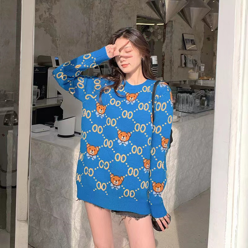 

Top Quality Designer G Bear Women's Knits Sweater Versatile Fashion Round Neck Long Sleeve Top, Blue