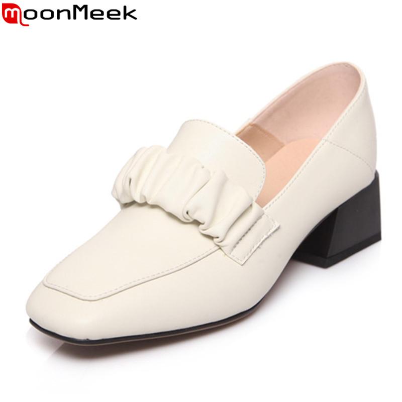 

MoonMeek 2020 New Brand genuine leather women shoes fashion square heels simple ladies shoes comfortable spring women pumps, Black