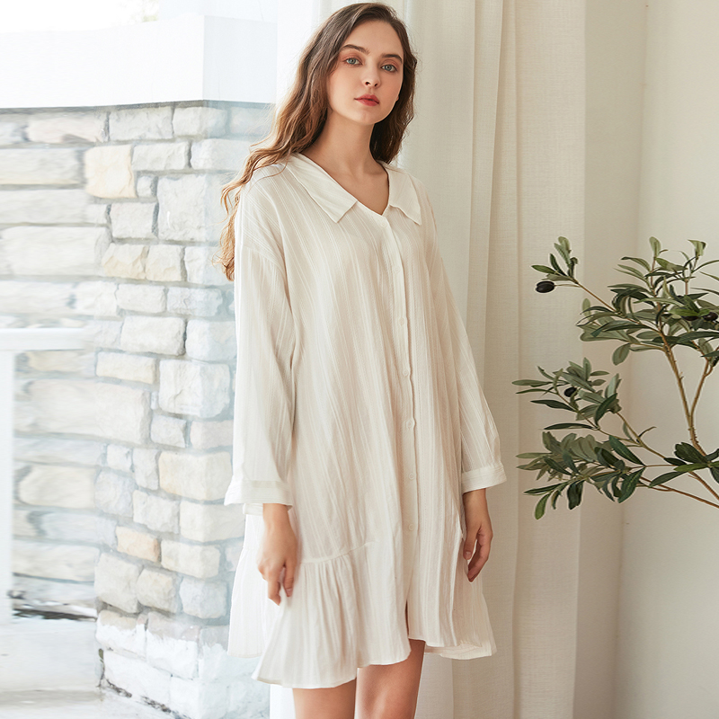 

cotton long sleeve nightdress large size soft comfortable home clothes jacquard lapel shirt pajamas open button clothing wholesale, Black;red