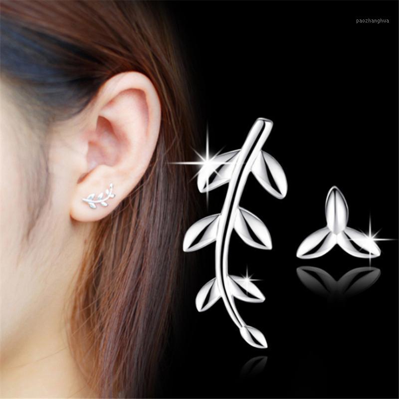 

Sterling Silver Woman Fashion Brand Couples Stud Earrings Luxury Zircon Lady Jewellery Asymmetric Leaf, Golden;silver
