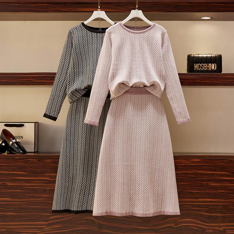 

CBAFU autumn spring knitted striped 2 piece set women sweater skirt suit long sleeve knit pulliver a-line skirt pink black M008