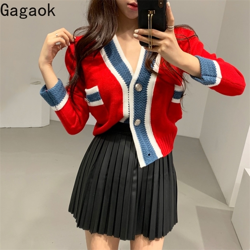 

Gagaok Women Knitted Streetwear Sweater Early Spring New V-Neck Button Patchwork Short Sexy Slim Wild Female Fashion Cardigans 201029, Beige