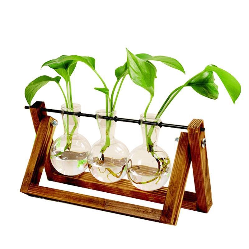 

New Hydroponic Plant Vases Vintage Flower Pot Transparent Vase Wooden Frame Glass Tabletop Plants Home Decor Party Gifts