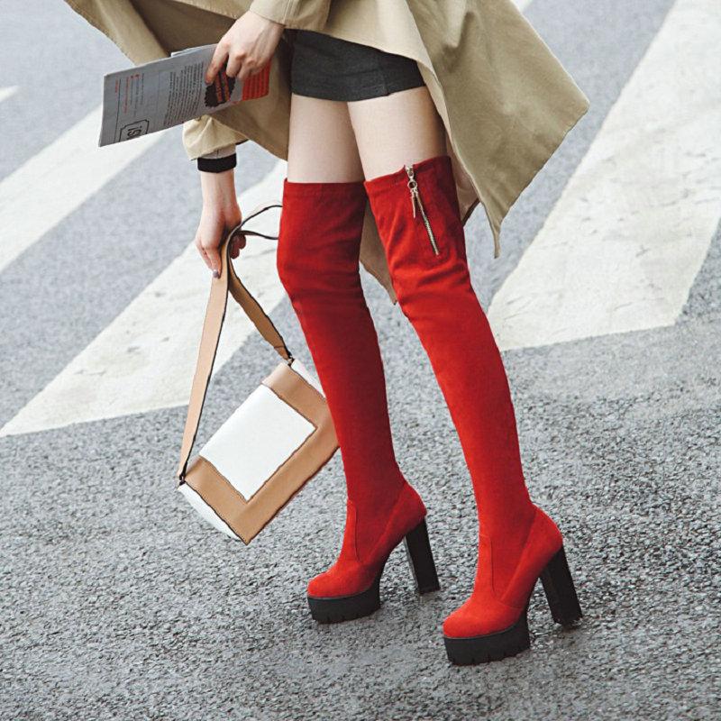 

2021 winter nubuck stretch fabric womens winter boots platform block high heels thigh high over-the-knee overknees boots size 48, Black