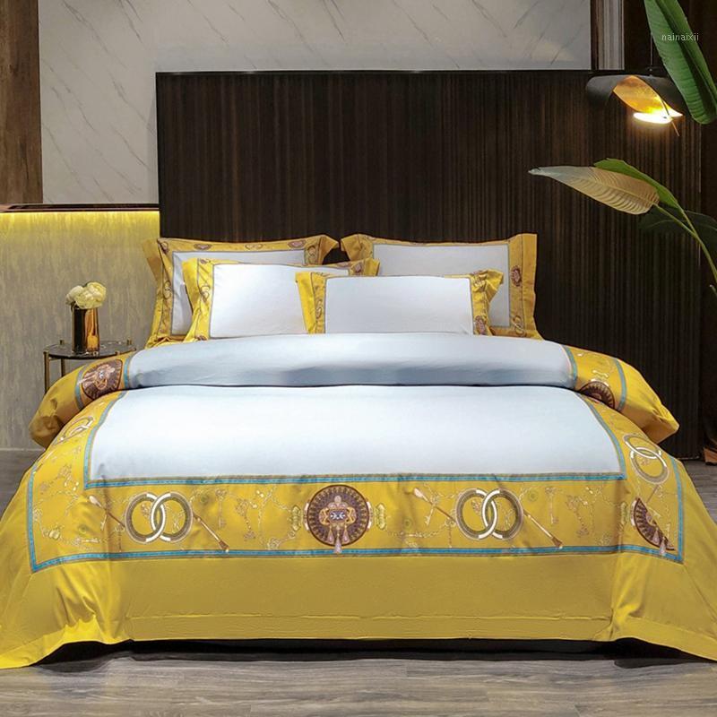 

European style Bedding Set 100% cotton embroidery Bed Linens yellow Bed Sheet Set Bedclothes Queen/King Size cover 4pcs1