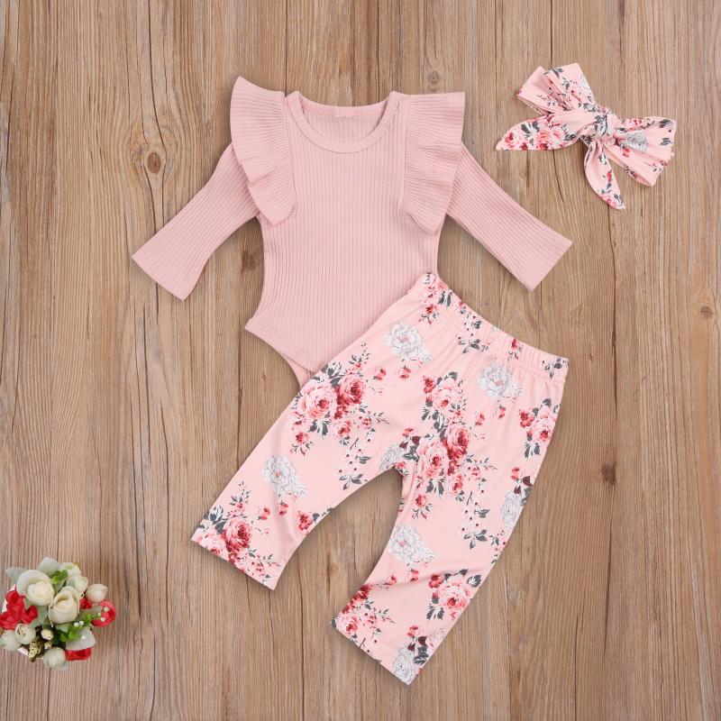 

Emmababy 3Pcs Newborn Baby Girl Clothes Sleeve Solid Color Round Neck Ribbed Romper Flower Print Long Pants Headband Casual, Pink