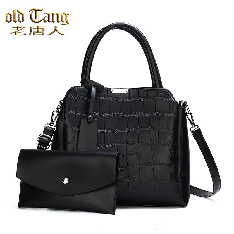 

OLD TANG Fashion Stone Grain Pu Leather Handbags for Women 2021 Winter New 2 In 1 Single Shoulder Messenger Tote Bag Sac A Main, Black