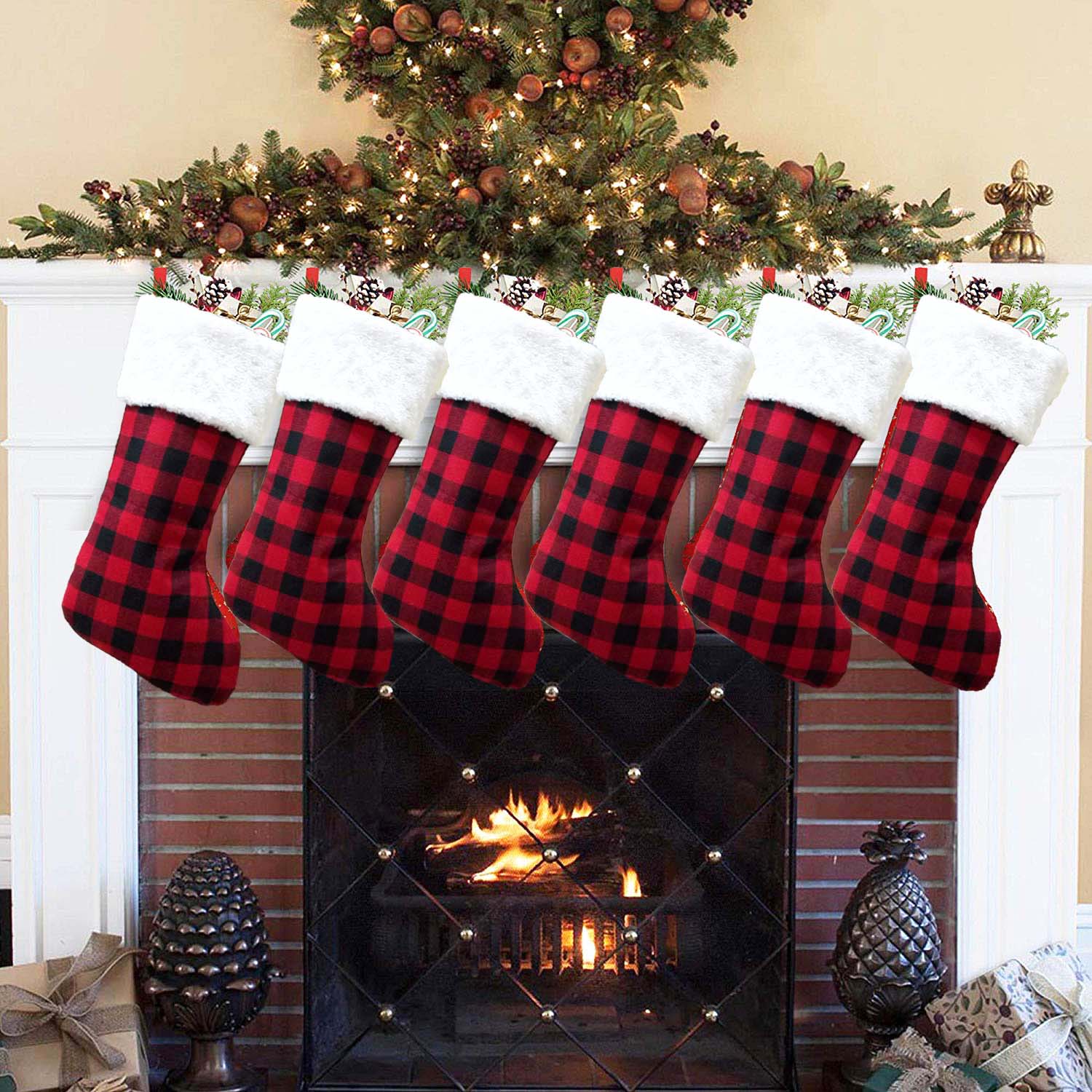 

Plaid Christmas Stocking Gift Bag Xmas Tree Ornament Socks Santa Candy Gift Bags Home Party Christmas Decorations