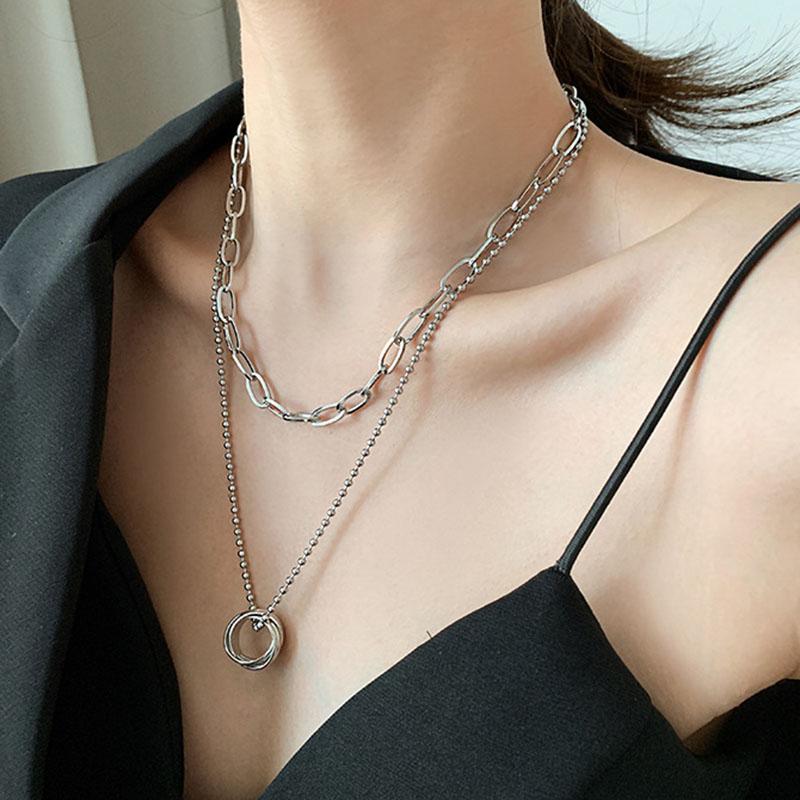 

925 Sterling Silver Double Layer Circle Necklace for Women Men Geometric Handmade Punk Style Jewelry S-N213
