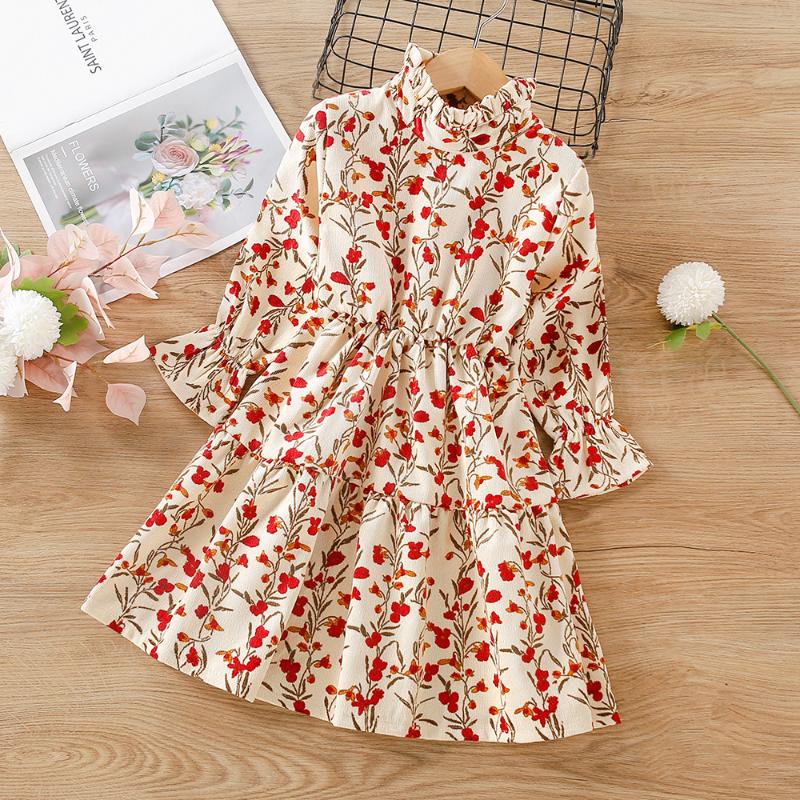 

Girl's Dresses 2022 Ditsy Floral Print Long Sleeve Girls Dress Autumn Baby Kids Flounce Frill Neck Red Boho Clothes For, Red;yellow