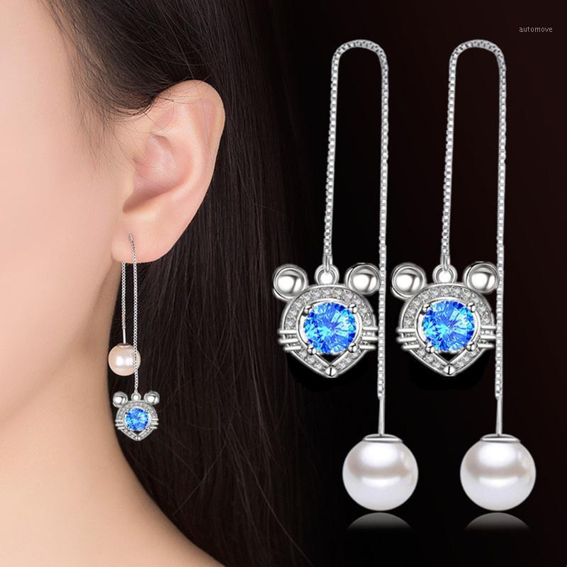 

925 Sterling Silver New Women's Fashion Jewelry Ear Lines High Quality Crystal Zircon Pearl Long Tassel Mouse Earrings1
