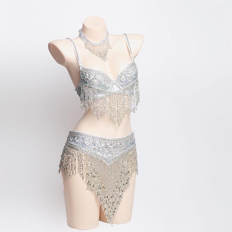 

Stage Wear Women's Belly Dance Set Costume Dancing Clothes Sexy Night Bellydance Carnival Tops Chain BRA Belt WY70101, Gold