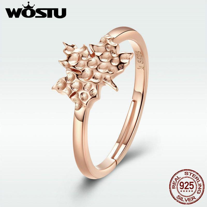 

WOSTU Hot Fashion 925 Sterling Silver Leaf Rings For Women Dazzling Rose Gold Silver Ring Wedding Jewelry DXR4811