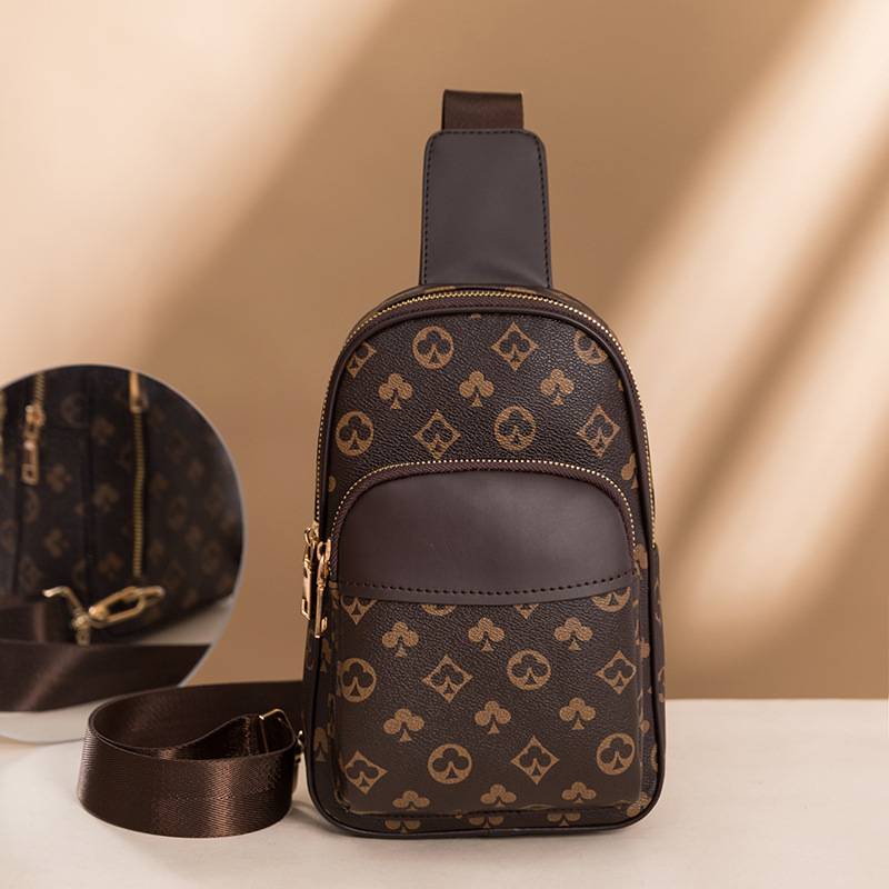 

Wholesale factory men leathers shoulder bags retro printed chest bag simple atmosphere contrast outdoor leisure leather backpack street trend plaid handbag, Brown2(boutique box)