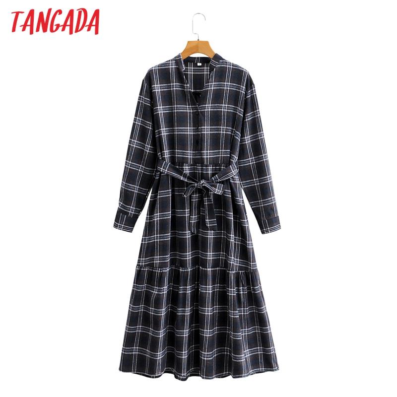 

Tangada 2020 Autumn winter fashion women thick shirt dress long sleeve office ladies midi dress with slash SY141, Plaid print