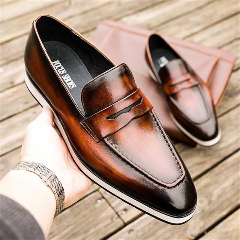 

Men Brogue Oxfords Dress Shoes Genuine Calf Leather Pointed Toe Platform Slip On Male Formal Footwear Wedding Party Shoes1, Brown