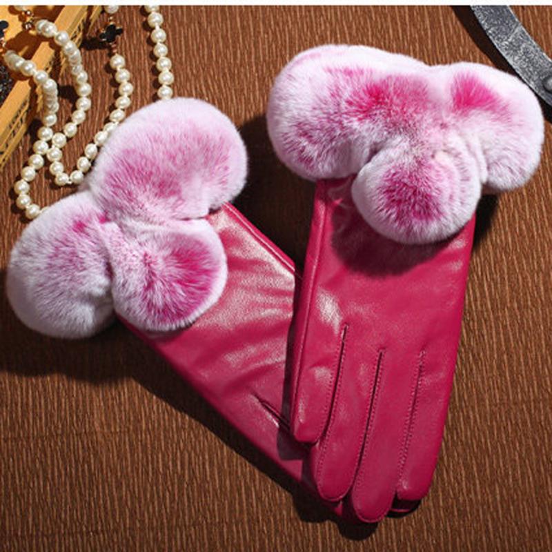 

New year gifts for girls Women Leather Gloves Autumn Winter Lady Warm Fur Mittens Pink Red Black Free Shipping