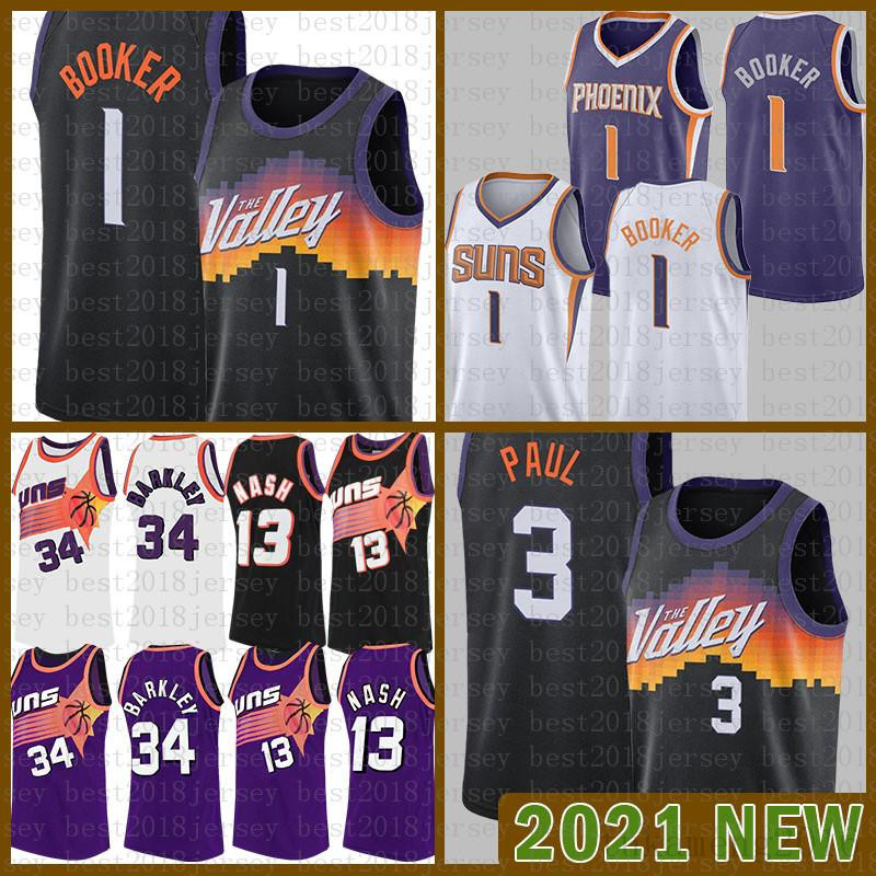 

2021 New Basketball Jersey PhoenixSunsMens Devin 1 Booker Chris Steve 13 Nash 3 Paul Charles 34 Barkley Green, Youth-jersey