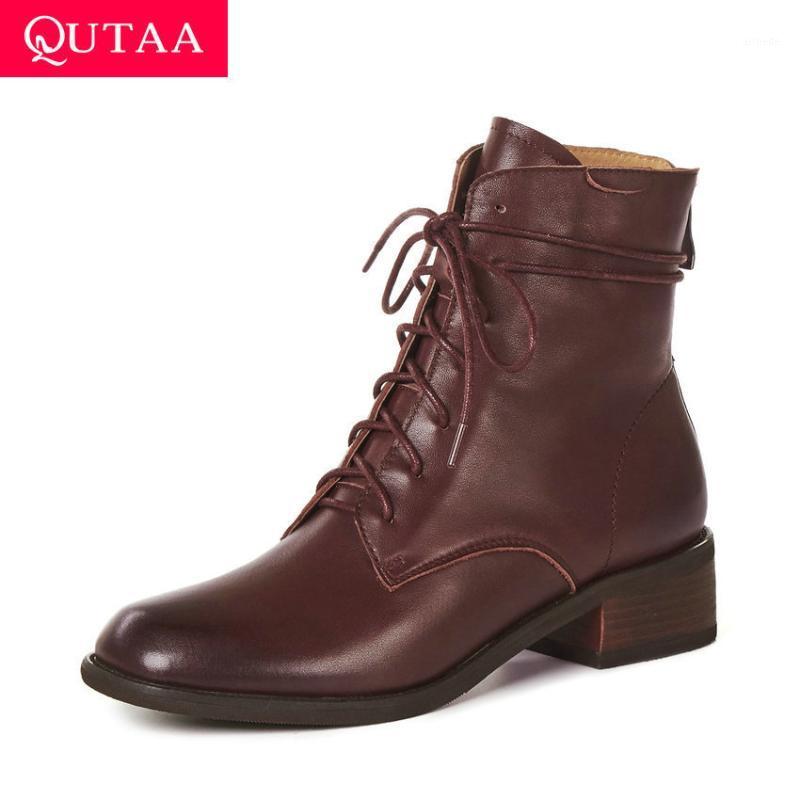 

QUTAA 2021 Round Toe Lace Up All Match Women Shoes Autumn Winter Square Heel Ankle Boots Cow Leather Ladies Pumps Size 34-421, Black