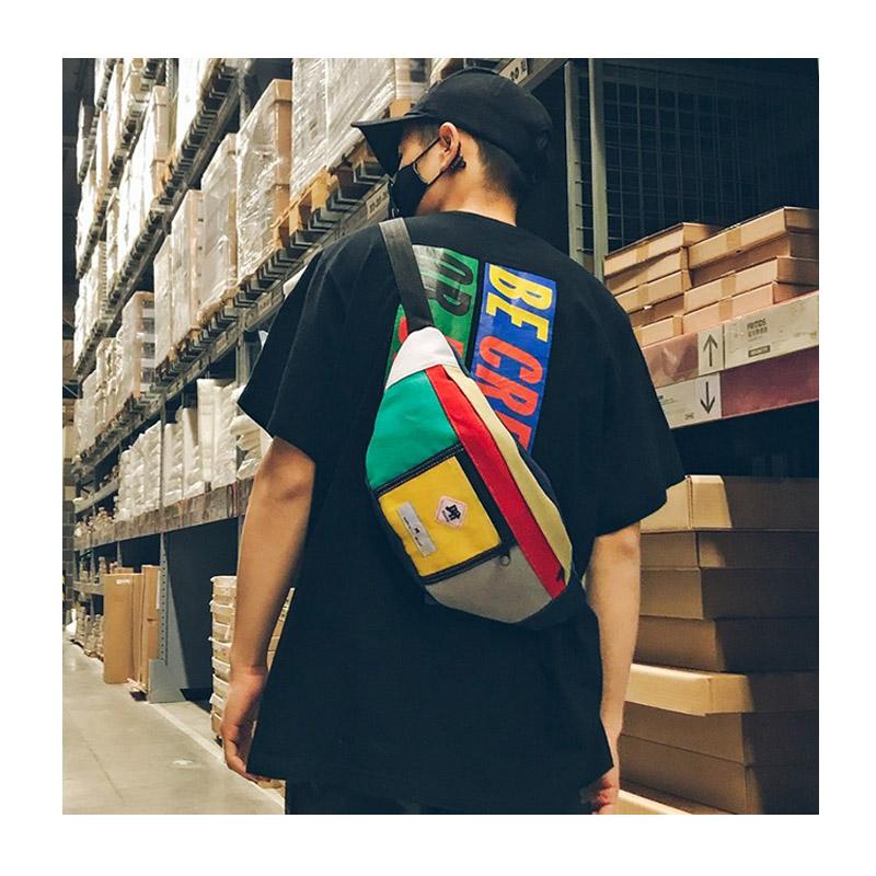 

Fashion Canvas Waist Bag Color stitching Unisex Waist Belt Bag Men Fanny Pack Casual Street Chest Shoulder for phone wallet, Sky blue