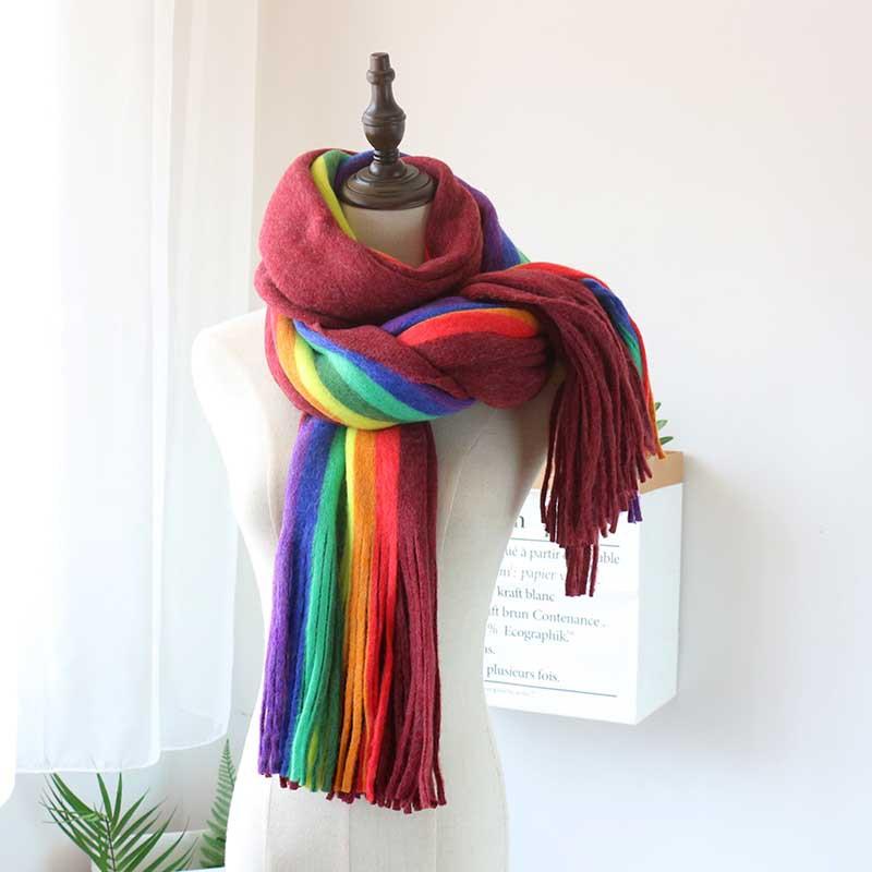 

New Designer Rainbow Cashmere Scarf Women Winter Warm Soft Striped Shawls Ladies Girls Pink Tassel Long Headscarf
