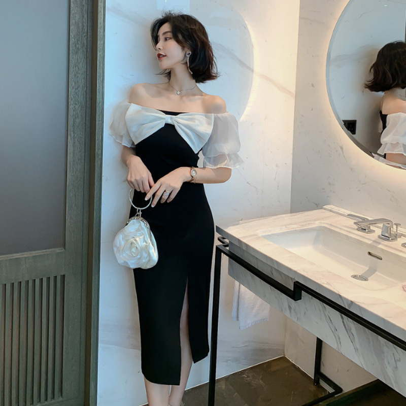 

2021 New Female summer night off the shoulder bustier party women' clothes sexy slutty slit dressed 7EPV, Black